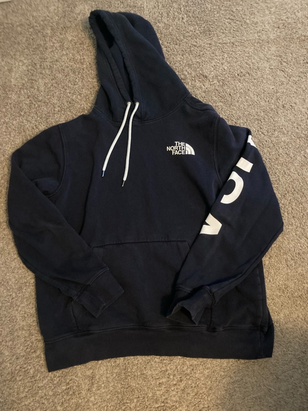 The North Face Men’s Navy Blue Crewneck Hoodie with White Logo